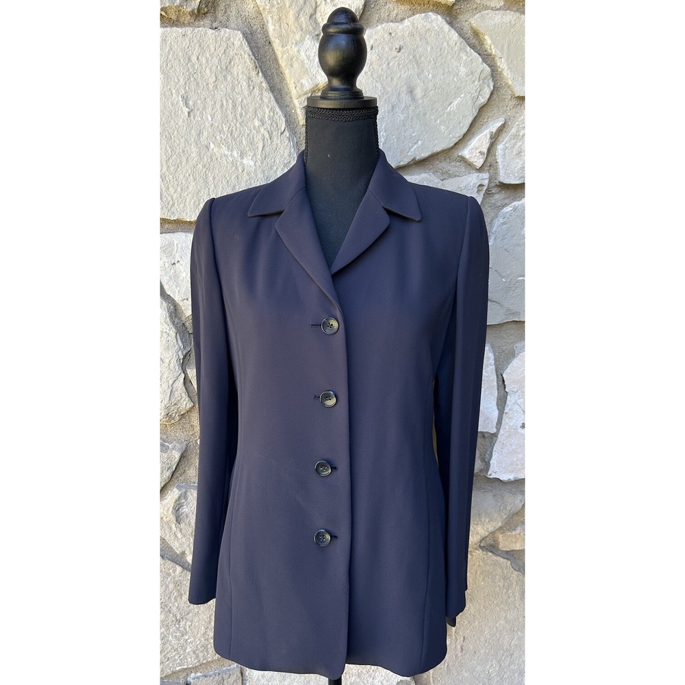 ELLEN TRACY Blazer Jacket Petite 4 Navy Blue Button Front Side Pockets Lined EC